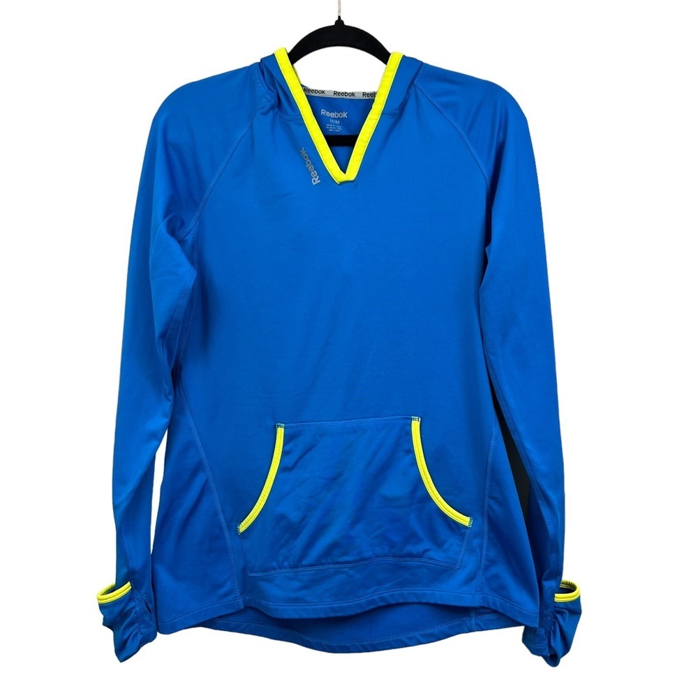 Reebok Women Hoodie Sweater Stretch Kangaroo Pocket Blue Yellow Size M*
